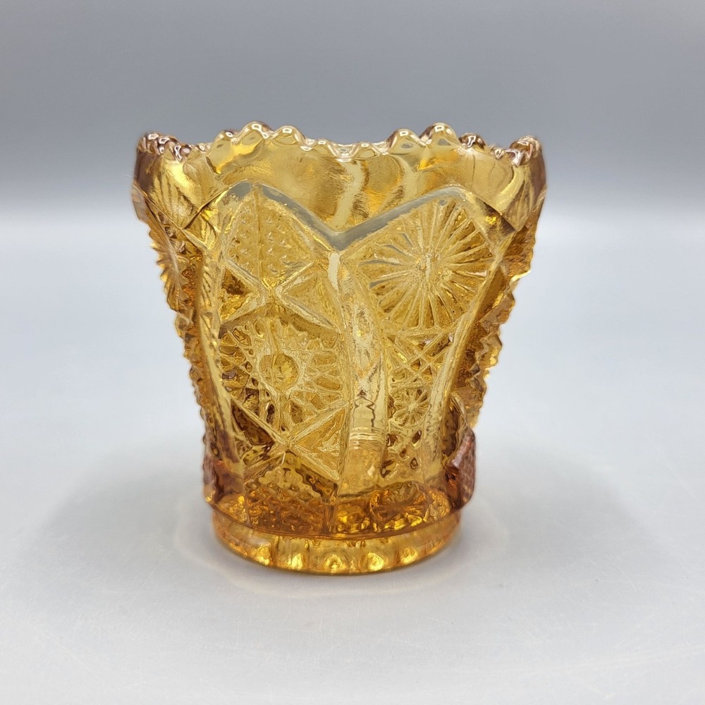 Vintage Imperial Glass Toothpick Holder Amber Glass Starburst Pattern Retro 2.5"